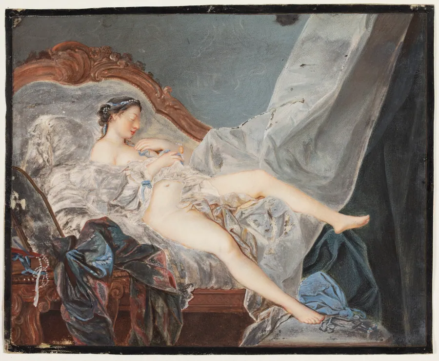 En nøgen pige, liggende på ryggen på en canapé mellem store draperier by Jacques Charlier