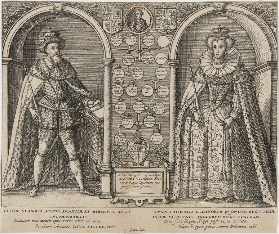 James I and Anne of Denmark with GeneologicalTree by Unknown 19th Century