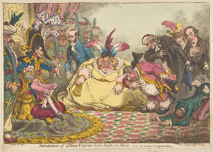 Introduction of Citizen Volpone & His Suite, at Paris.–Vide, The Moniteur, & Cobbetts Letters by James Gillray