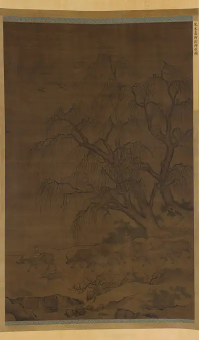 Water-buffaloes and attendants under willow-trees