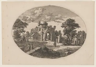 Ruins near a Stream, a Distant Building at the Foot of a Mountain