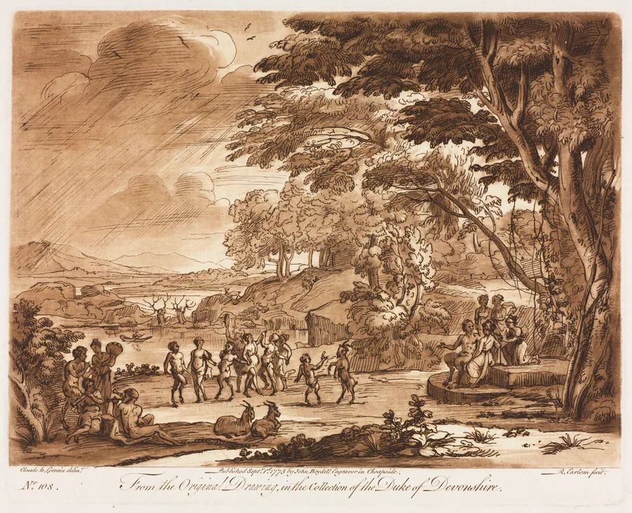 Liber Veritatis:  No. 108, Landscape with Satyrs and Nymphs Dancing by Richard Earlom
