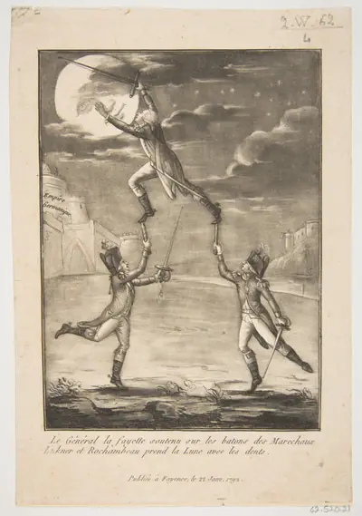 Le Général la fayette soutenu sur les batons des marechaux Lukner et Rochambeau prend la Lune avec les dents