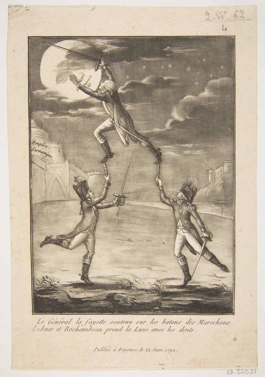 Le Général la fayette soutenu sur les batons des marechaux Lukner et Rochambeau prend la Lune avec les dents by Anonymous, French, 18th century