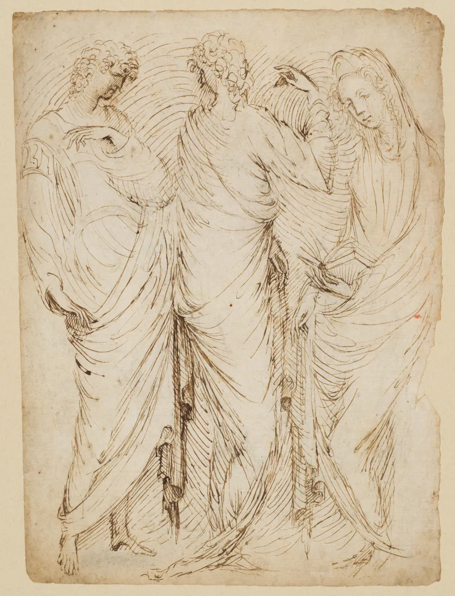 Three Standing Figures (recto); Seated Woman and a Male Hermit in Half-length (verso) by Stefano da Verona (Stefano di Giovanni d'Arbosio di Francia)