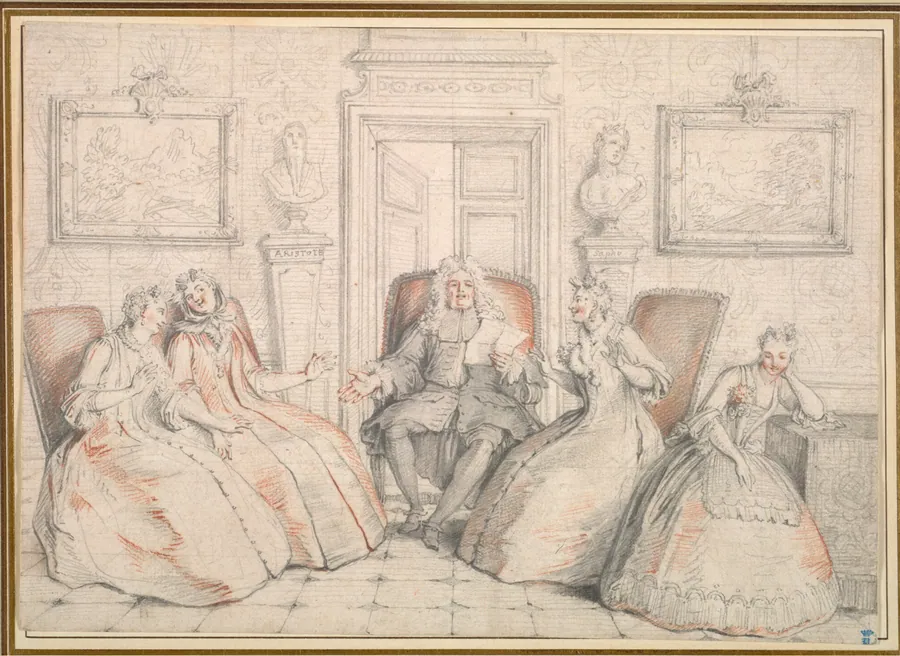 Trissotin Reading to Philaminte, Bélise, and Armande (from act 3, scene 2 of Molière's "Les Femmes Savantes" by Charles Coypel