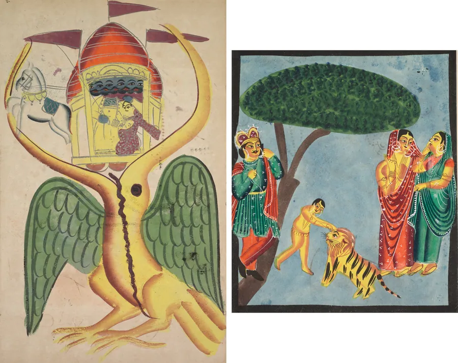 Leaf from a Kalighat album: Jatayu hinders Ravana’s chariot, trying to prevent the abduction of Sita (recto); Dushyanta watching his son Bharat playing with the tiger at the end of the Abhijnanashakuntalam (verso)