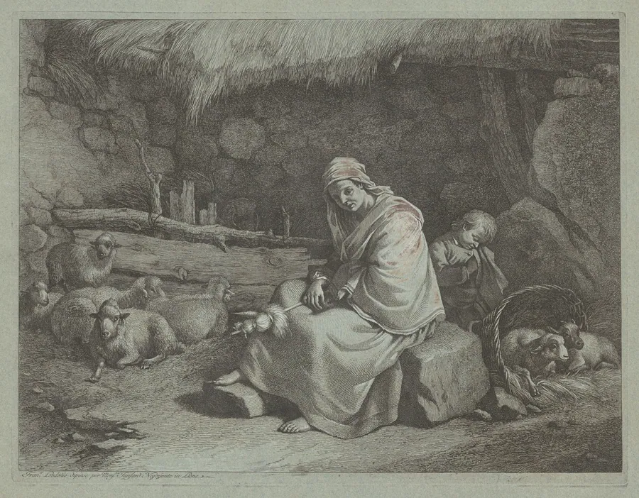 Interior of a Stable with a Seated Spinner and Sleeping Child by Francesco Londonio
