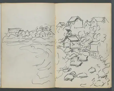 Sketchbook, The Dells, N° 127, page 128 & 129: Houses on a Coast