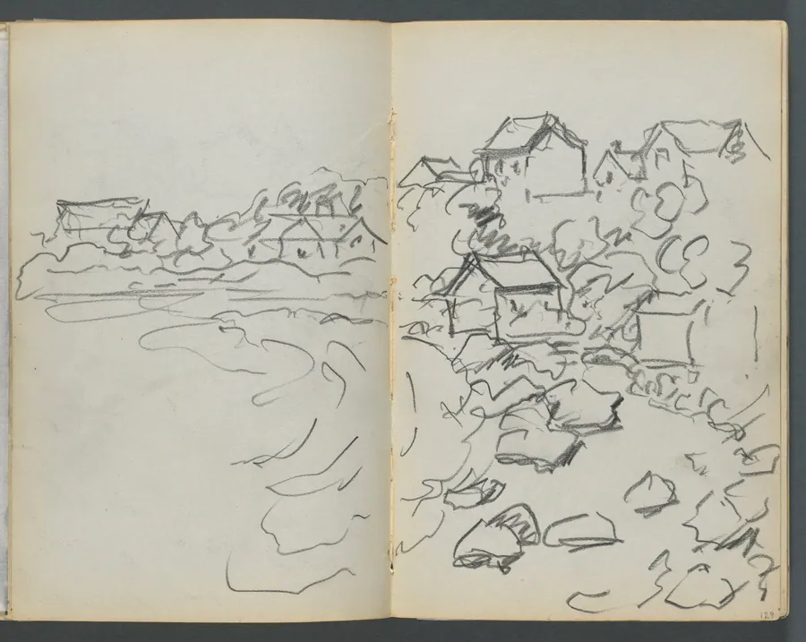 Sketchbook, The Dells, N° 127, page 128 & 129: Houses on a Coast by Maurice Prendergast
