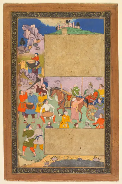 A charioteer riding through a rocky landscape with an entourage of footmen and musicians, page from a Razm-nama (Book of Wars) adapted from the Sanskrit Mahabharata and translated into Persian by Mir Ghiyath al-Din Ali Qazvini, known as Naqib Khan (Persian, d. 1614)