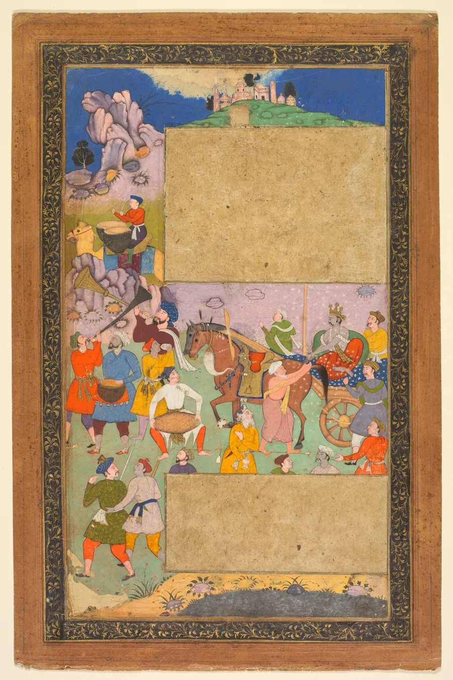 A charioteer riding through a rocky landscape with an entourage of footmen and musicians, page from a Razm-nama (Book of Wars) adapted from the Sanskrit Mahabharata and translated into Persian by Mir Ghiyath al-Din Ali Qazvini, known as Naqib Khan (Persian, d. 1614) by Yusuf Ali