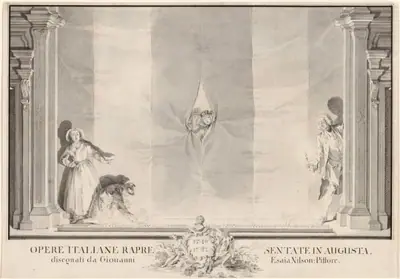 Two Actors Peeking through a Theater Curtain while Others Prepare the Footlights