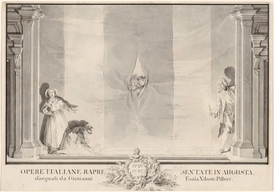 Two Actors Peeking through a Theater Curtain while Others Prepare the Footlights by Johann Esaias Nilson