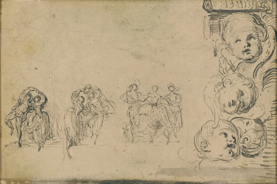 Sketches of Dancers and Heads of Putti by Gabriel de Saint-Aubin
