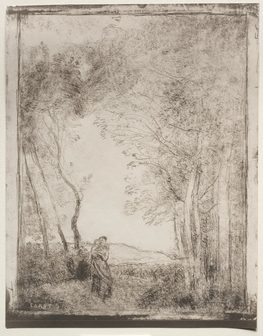 A Young Mother at the Entrance of a Wood by Jean Baptiste Camille Corot