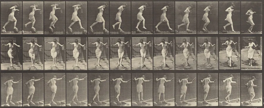 Plate Number 175. Crossing brook on stepping-stones with a fishing pole and can by Eadweard Muybridge