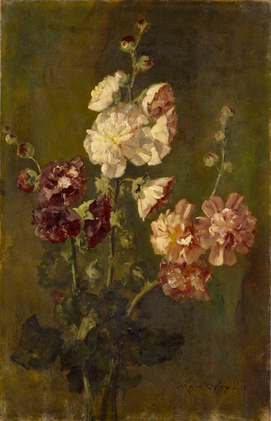 Hollyhocks by Max Weyl, born Muhlen-on-Neckar, Germany 1837-died Washington, DC 1914