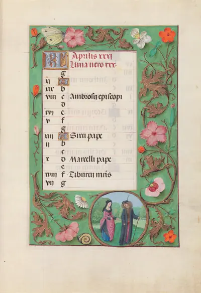 Hours of Queen Isabella the Catholic, Queen of Spain: Fol. 5r, April - Squire and Damsel