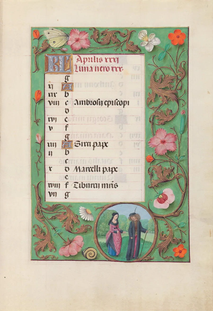 Hours of Queen Isabella the Catholic, Queen of Spain:  Fol. 5r, April - Squire and Damsel by Master of the First Prayerbook of Maximillian