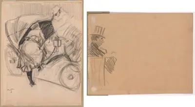 Woman Entering a Fiacre (recto); Right Profile of Man Wearing Tall Hat (verso)