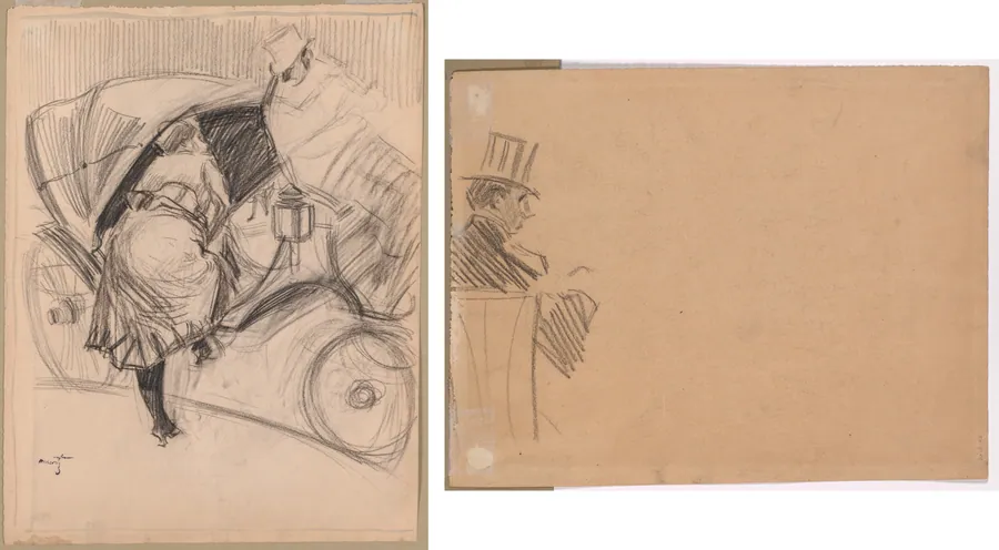 Woman Entering a Fiacre (recto); Right Profile of Man Wearing Tall Hat (verso) by Jean Louis Forain