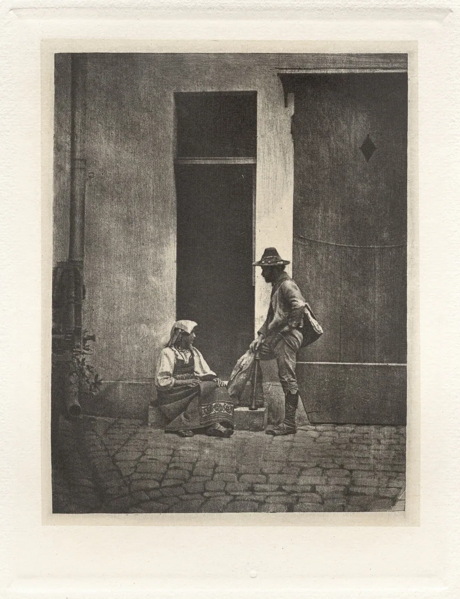 Planche IV – Pifferaro Debout et Paysanne Italienne Assise, dans la Cour du 21 Quai Bourbon (Plate IV – Pifferaro Standing and Italian Peasant Seated, in the Court of 21 Quai Bourbon) by Charles Nègre