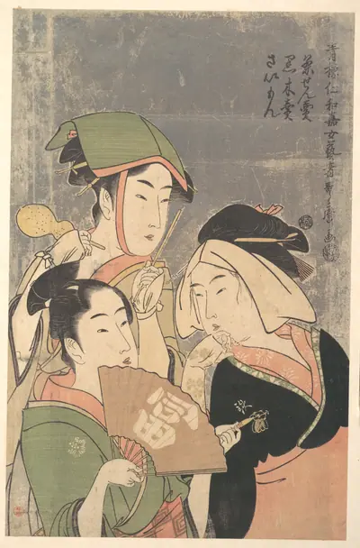 喜多川歌麿画 「青楼仁和嘉女芸者 茶せん売 黒木売 さいもん」|Three Niwaka Performers, Chasenuri, Kurokiri, and Saimon (Tea-whisk Seller, Firewood Seller, Shrine Festival Perfomer), from the “Geisha of the Yoshiwara Niwaka Festival” (Seiro Niwaka Onna Geisha)