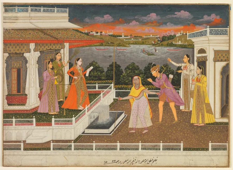 A blindfolded suitor is brought before a princess (recto) by Fayzullah