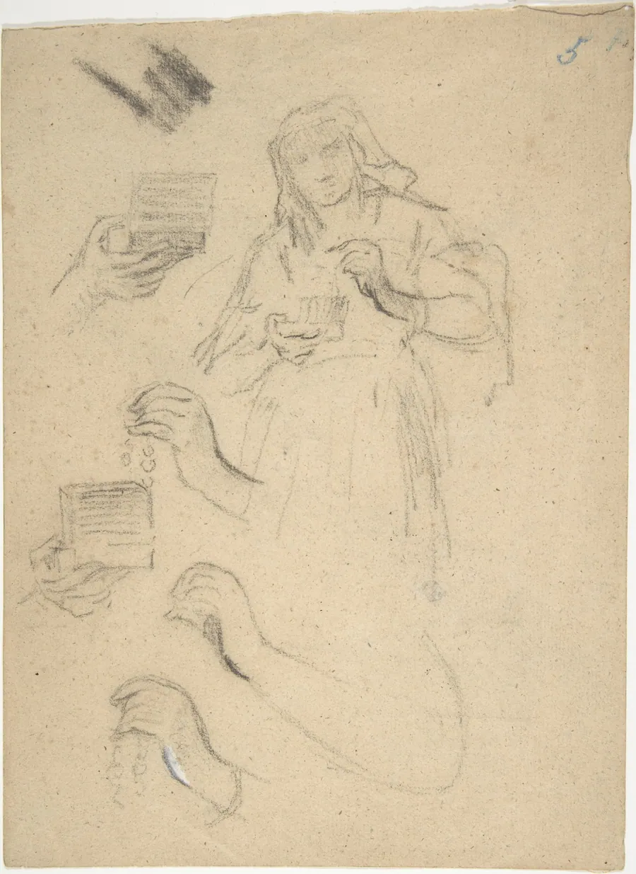 Woman holding an open jewelry box (recto); Studies for a figure composition and a leaded window (verso) by Narcisse-Virgile Diaz de la Peña