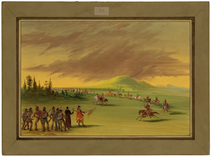 La Salle Meets a War Party of Cenis Indians on a Texas Prairie.  April 25, 1686 by George Catlin