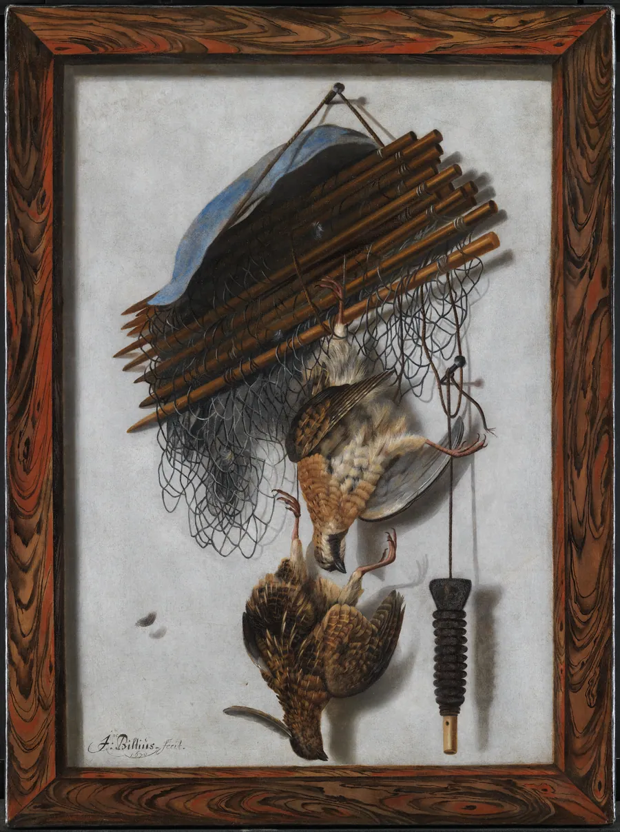 Trompe l'oeil. Indrammet billede med dødt fuglevildt og fuglenet ophængt på en mur by Jacob Biltius
