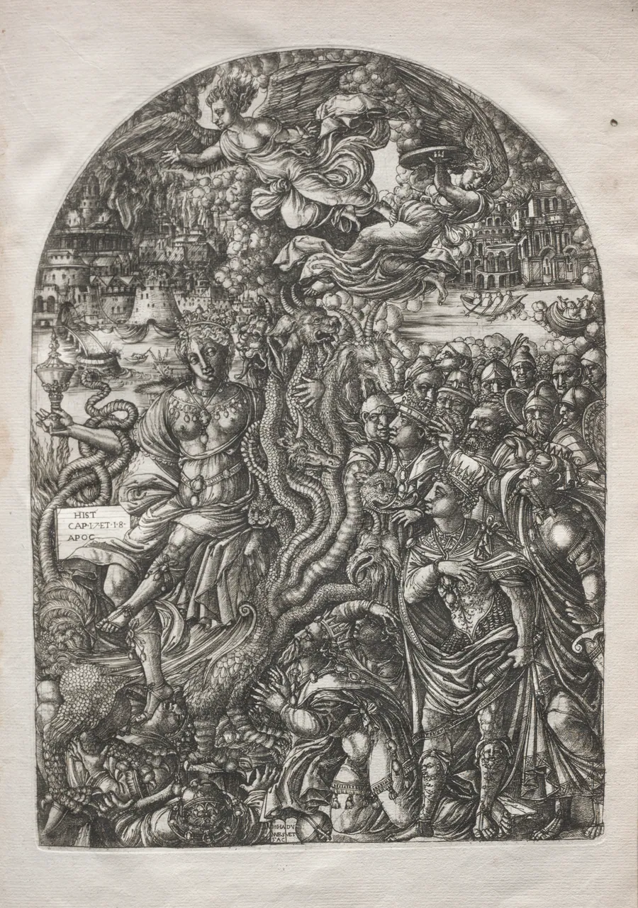 The Apocalypse:  Babylon the Harlot, Seated on the Seven-headed Beast by Jean Duvet