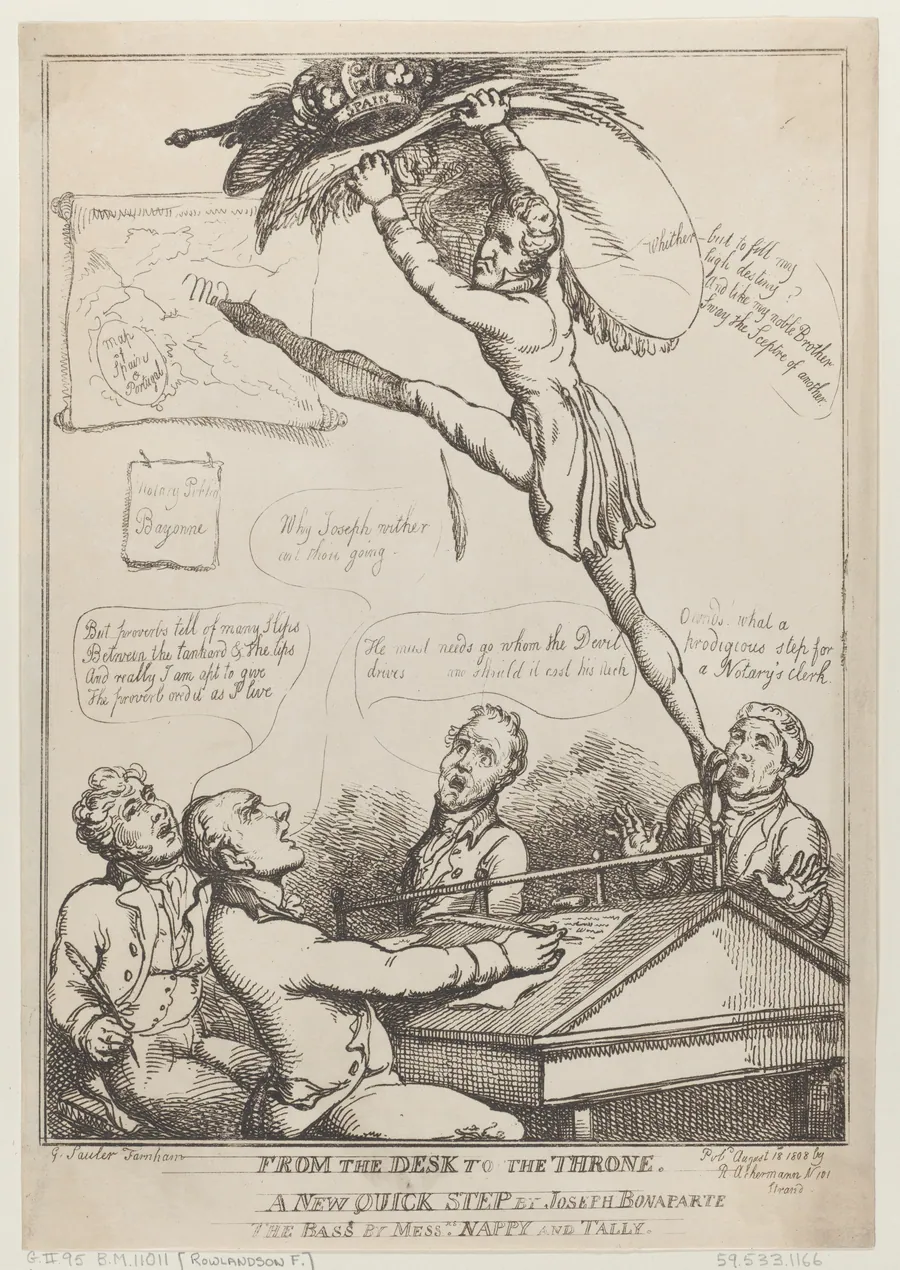 From the Desk to the Throne, A New Quick Step by Joseph Bonaparte the Bass By Messers Nappy and Tally by Thomas Rowlandson