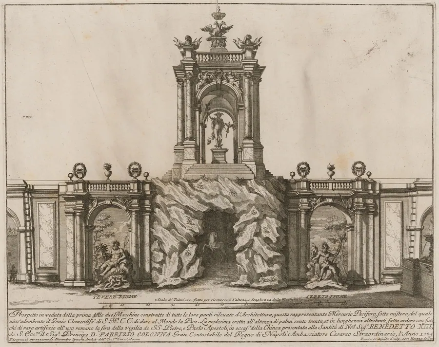 The Prima Macchina for the Chinea of 1725: Mercury Bringer of Peace with the Tiber and the Danube by Francesco Faraone Aquila