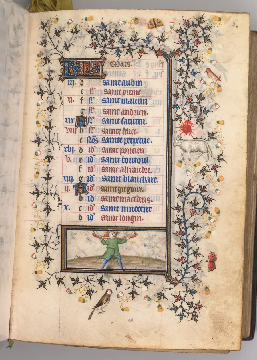 Hours of Charles the Noble, King of Navarre (1361-1425): fol. 3r, March by Master of the Brussels Initials and Associates