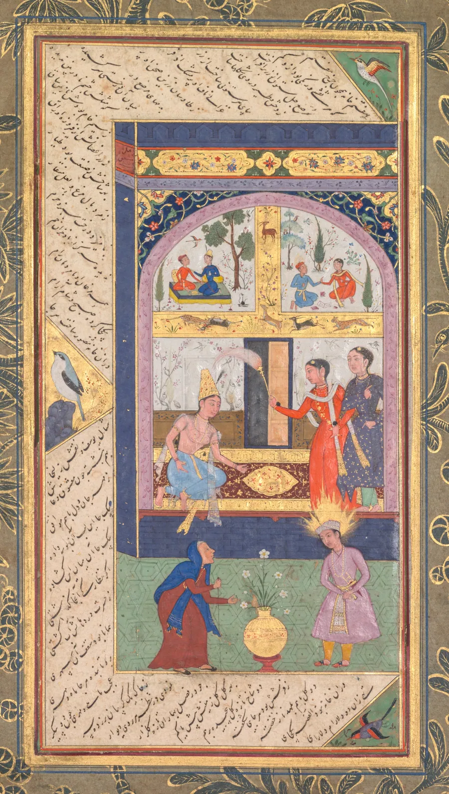 Zulaykha in her palace and as an elderly woman with Joseph (recto), from a Panj Ganj (Five Treasures) of Abd al- Rahman Jami (Persian, 1414–1492) by Mushfiq