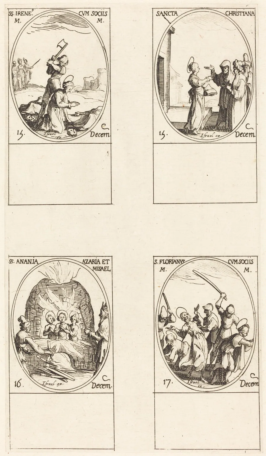 St. Irene & Companions; St. Christiana; Sts. Anania, Azaria & Misael; St. Florianus & Companions by Jacques Callot