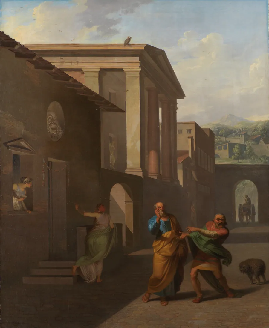 Jordemoderen forlader Androspigens hus. Simo siger til Davus, at han regner barselfærden for rent bedrageri. Motiv fra Terents: Pigen fra Andros by Nicolai Abildgaard