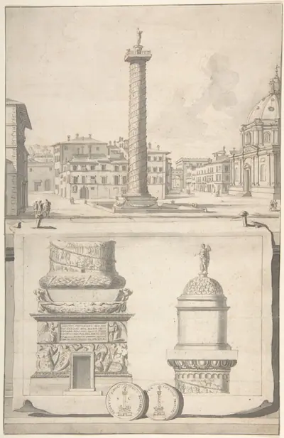A View of the Column of Trajan (above) with Details (below)