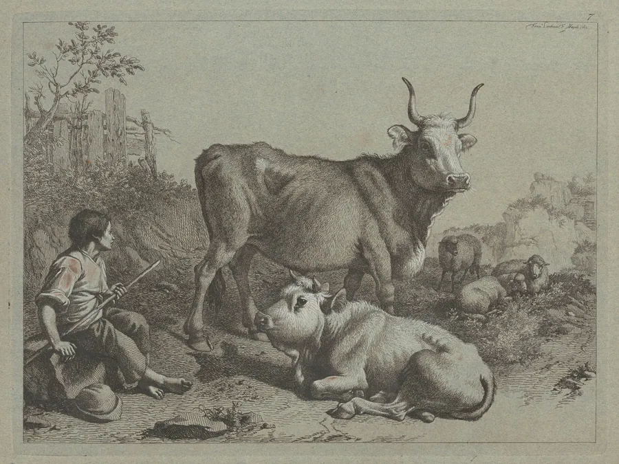 Seated Shepherd with a Bull and Bullock by Francesco Londonio