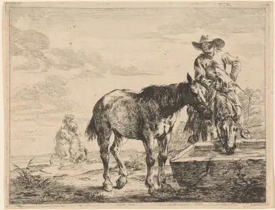 Two Horses Drinking at a Trough