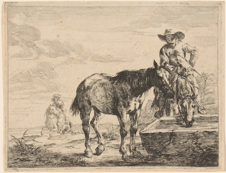 Two Horses Drinking at a Trough by Dirck Stoop