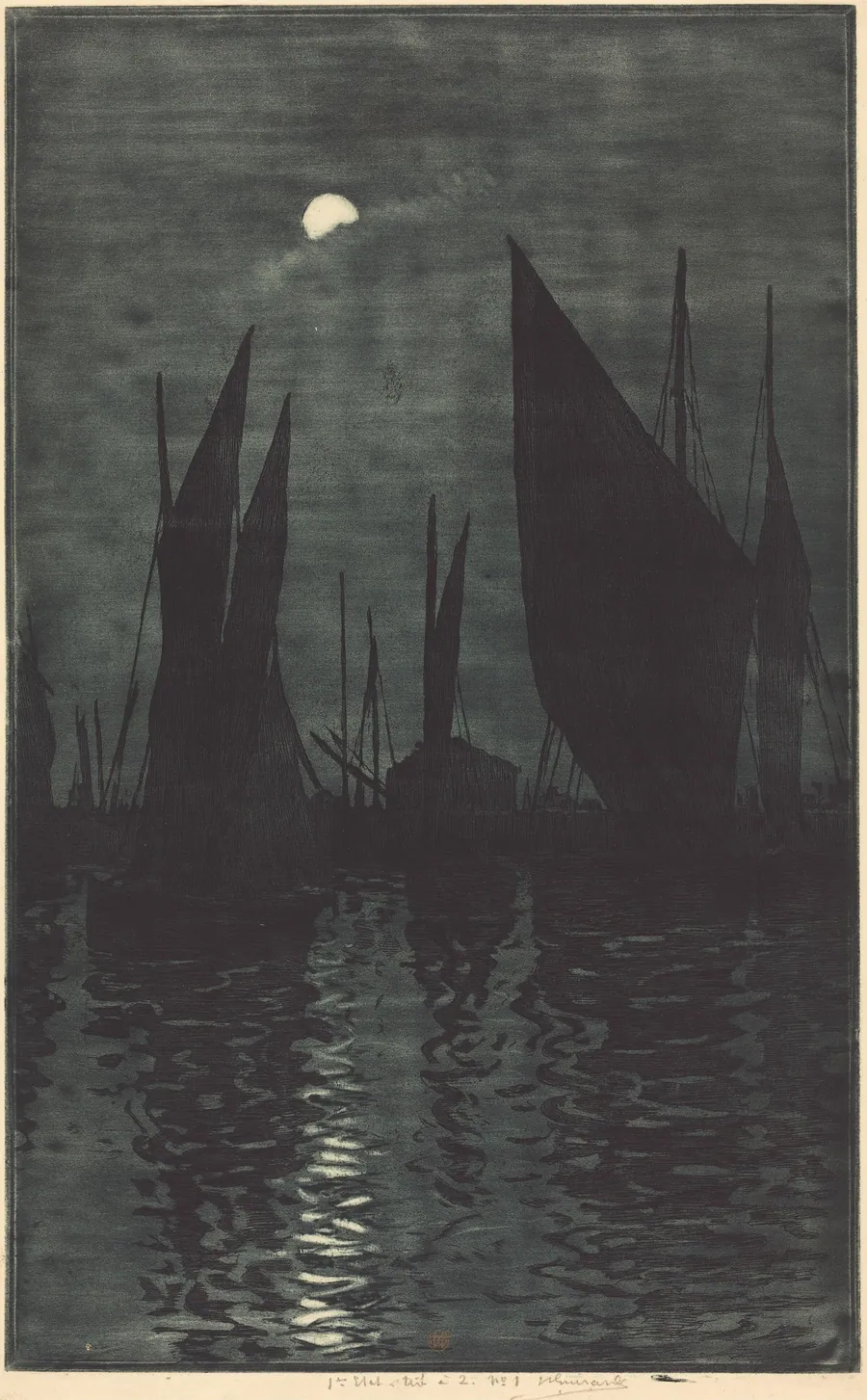 Moonlight in the Harbor at Dieppe by Henri-Charles Guérard