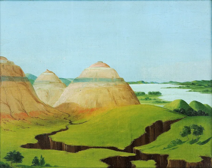 The Three Domes, Clay Bluffs 15 Miles above the Mandan Village by George Catlin, born Wilkes-Barre, PA 1796-died Jersey City, NJ 1872
