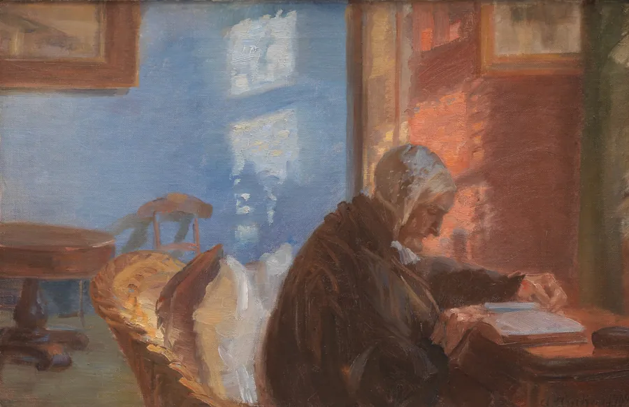 Kunstnerens mor Ane Hedvig Brøndum i den røde stue by Anna Ancher