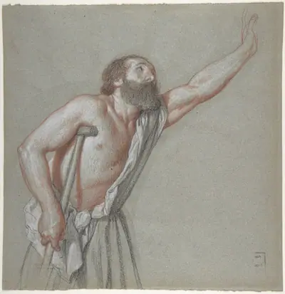 Man Leaning on a Crutch with Left Arm Raised