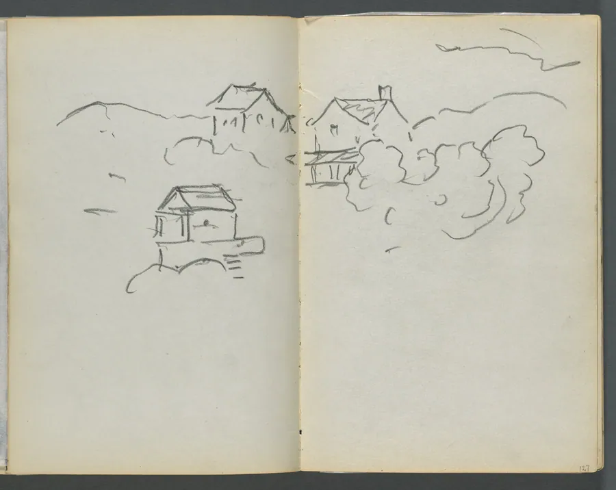 Sketchbook, The Dells, N° 127, page 126 & 127: Landscape with Houses by Maurice Prendergast