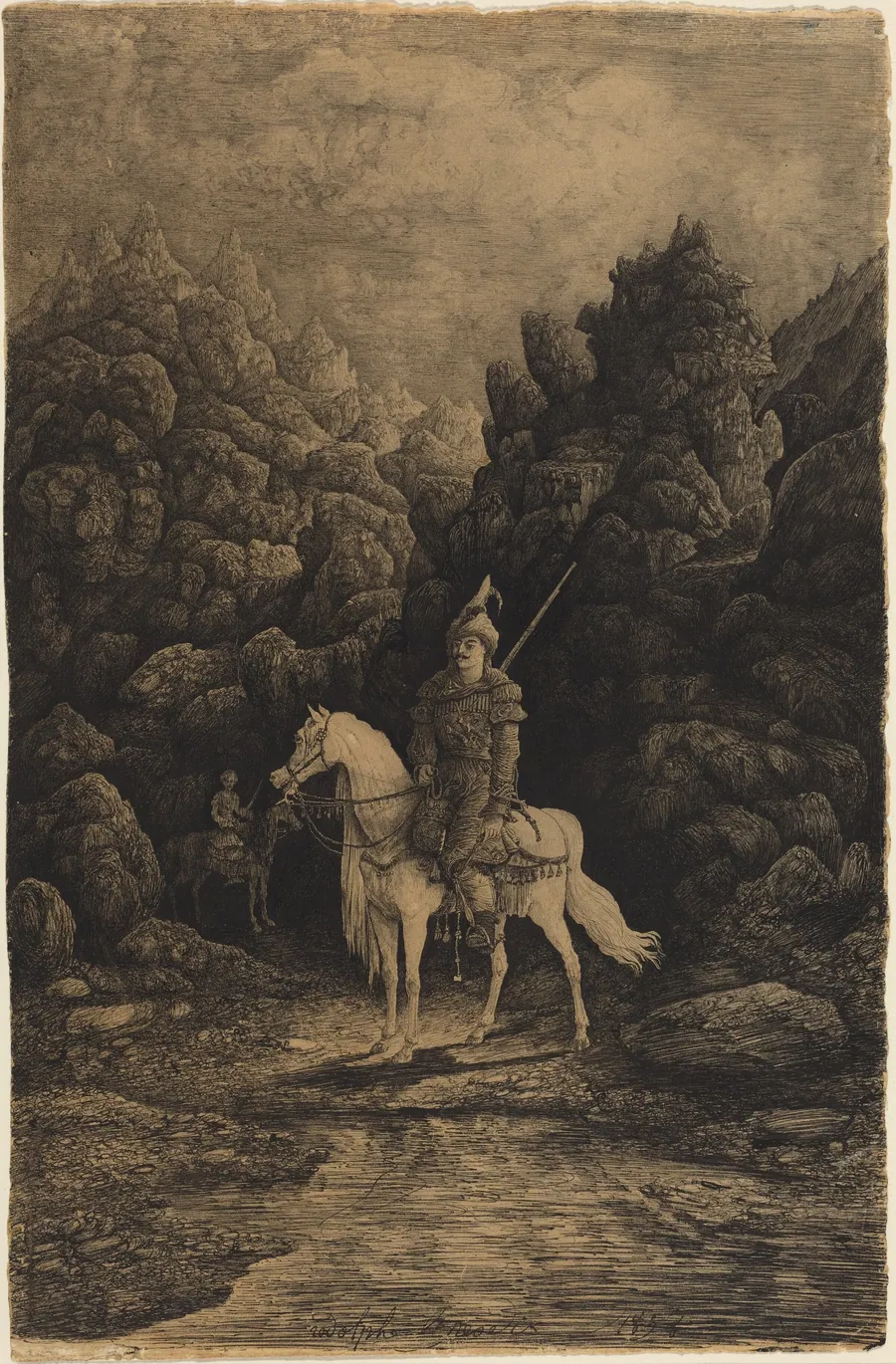 Oriental Horseman in a Desolate Mountain Landscape by Rodolphe Bresdin