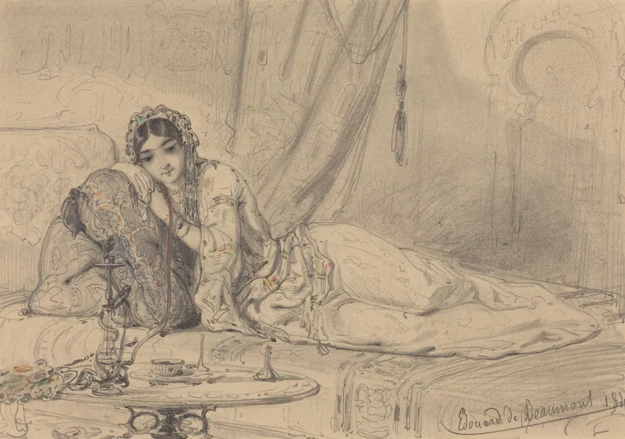 A Middle Eastern Woman Reclining in an Exotic Setting by Edouard de Beaumont